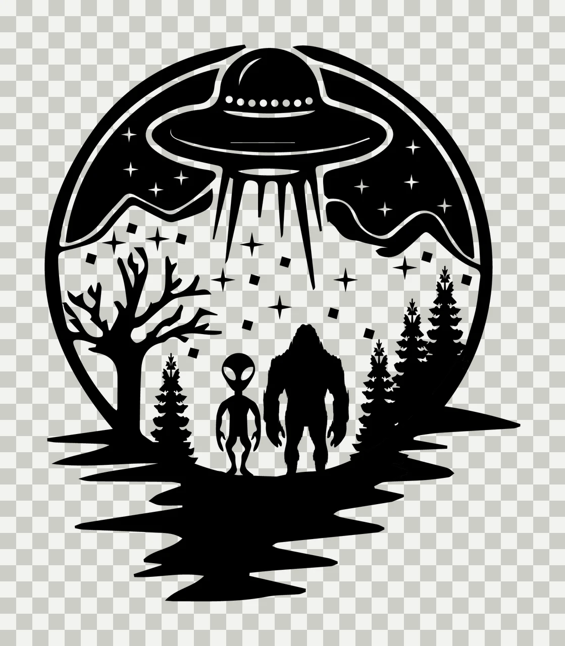 Alien And Monster Under Ufo Silhouette hovering trees stars transparency and detail preview thumbnail