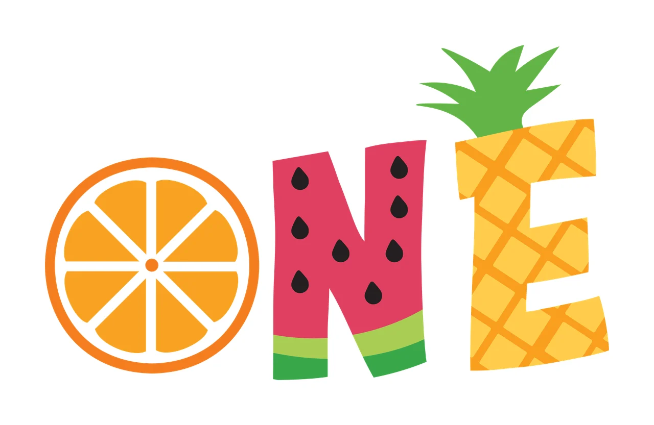 ONE Typography Design with orange slice, watermelon slice, pineapple and green leaves in pink and yellow