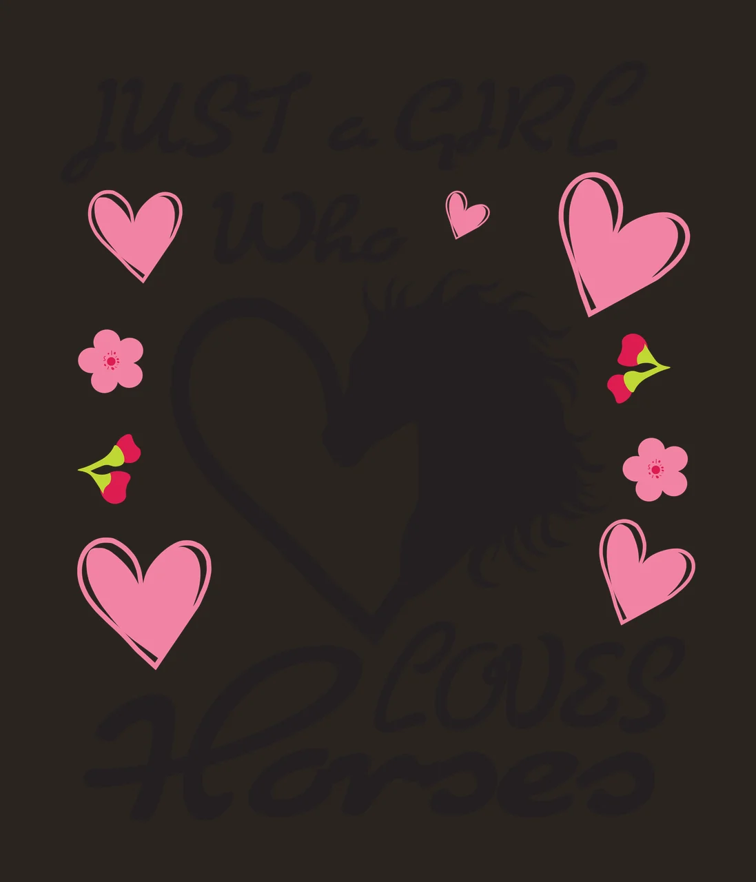 JUST a GIRL Who LOVES Horses Equestrian typography with text, heart outline, pink hearts and pink flowers in black and green contrast preview thumbnail