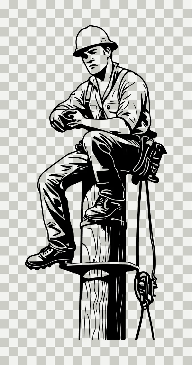 Worker In Hard Hat Sitting Silhouette pole tools black white transparency and detail preview thumbnail