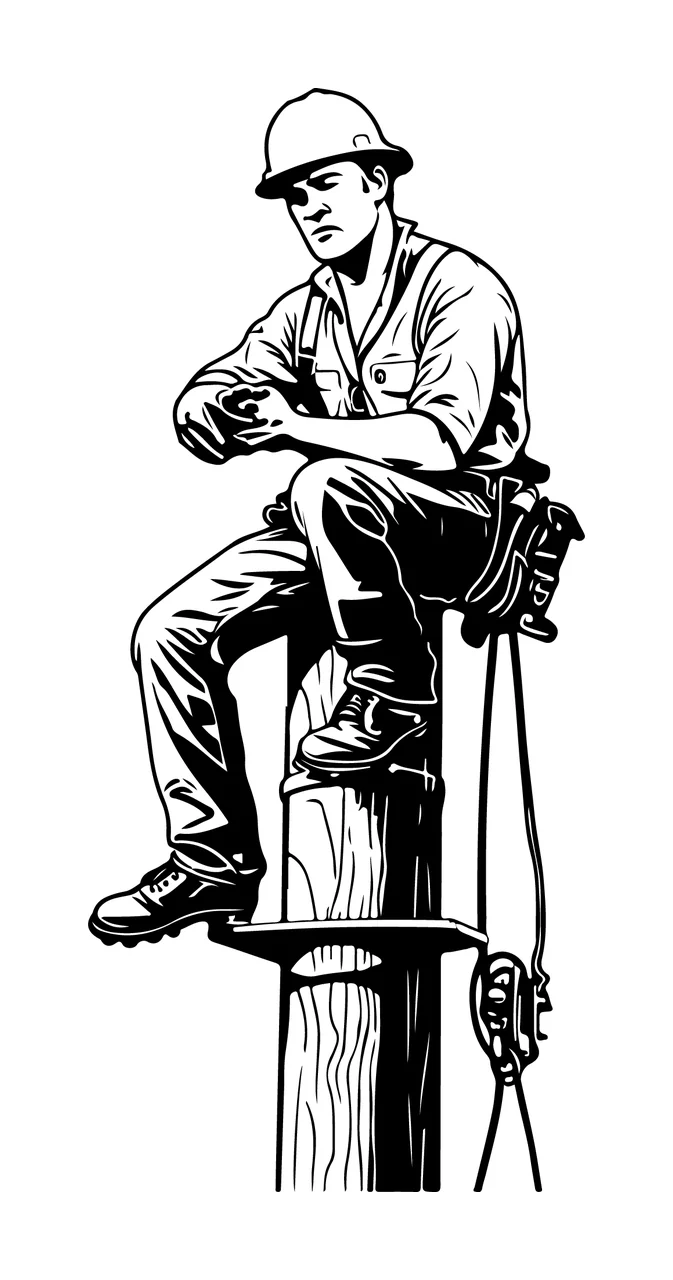 Worker In Hard Hat Sitting Silhouette pole tools black white