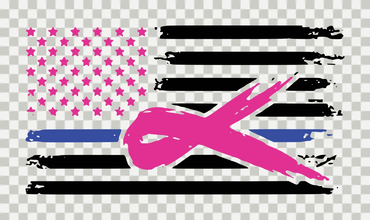 American flag design with pink breast cancer awareness ribbon, blue line, and pink stars with black stripes transparency and detail preview thumbnail