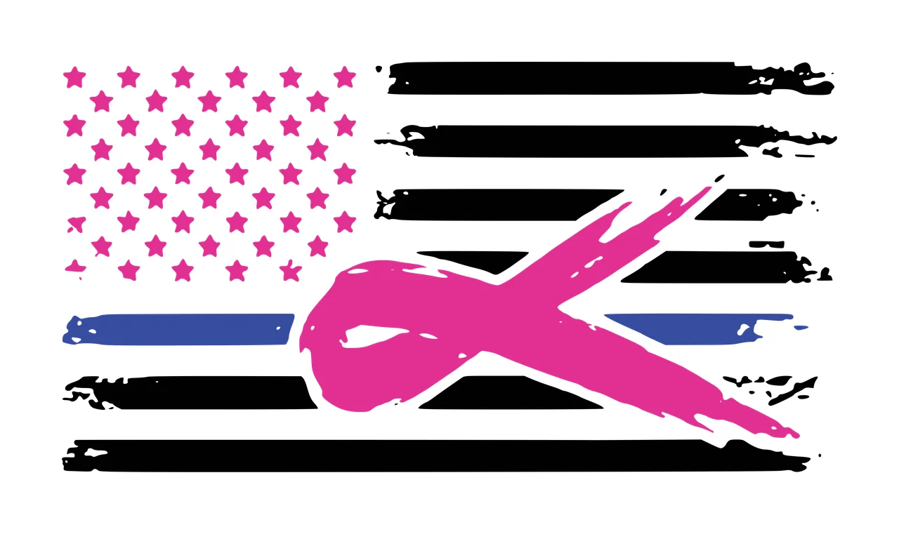 American flag design with pink breast cancer awareness ribbon, blue line, and pink stars with black stripes