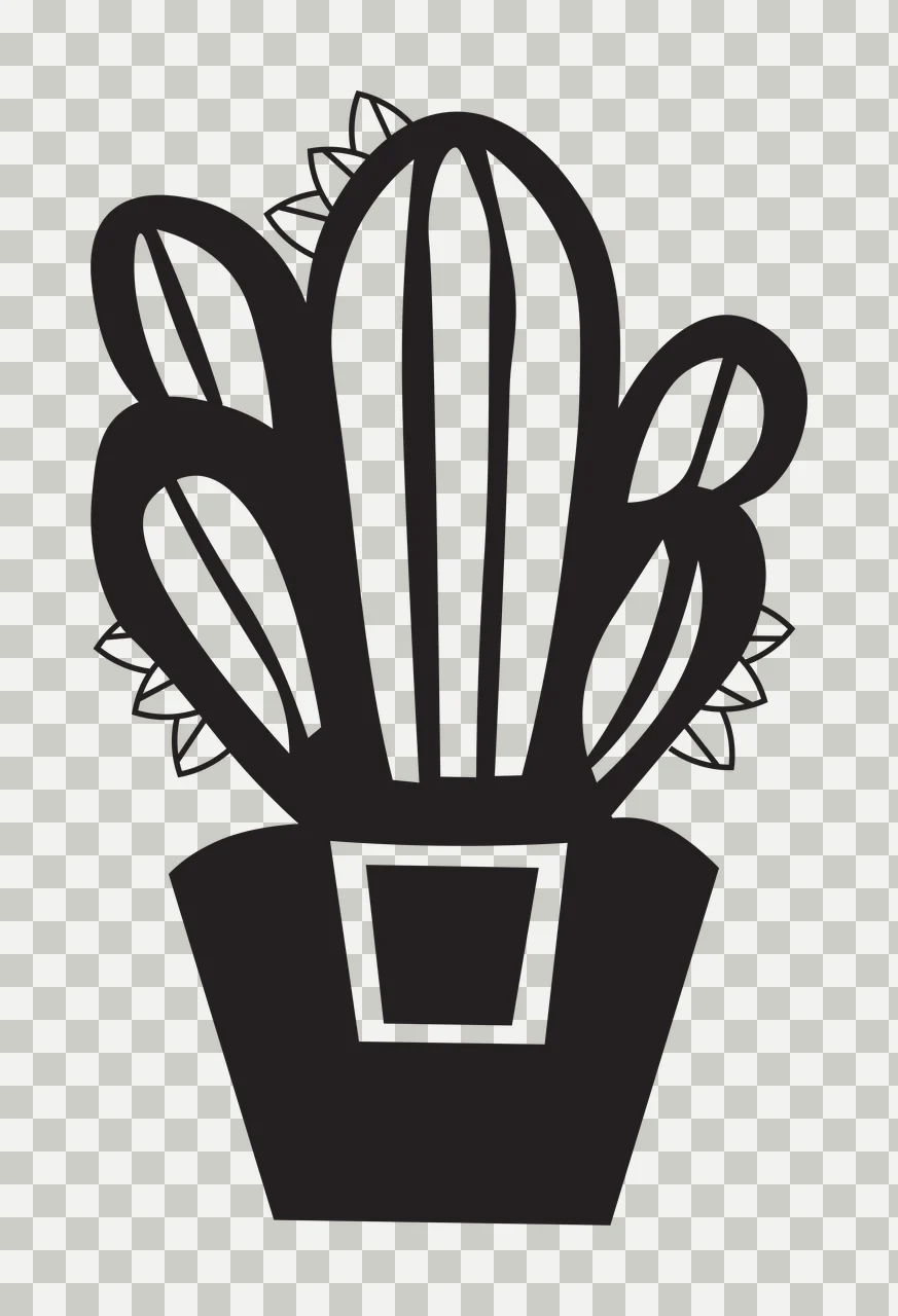 Silhouette Design of Stylized cactus in a pot with black cactus with white vertical stripes, white leafy accents and black pot with white square outline transparency and detail preview thumbnail