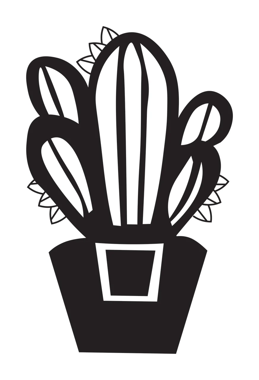 Silhouette Design of Stylized cactus in a pot with black cactus with white vertical stripes, white leafy accents and black pot with white square outline