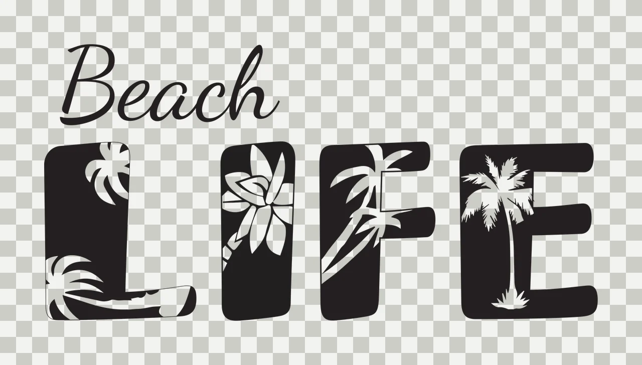 Beach LIFE Tropical-themed typography design with Beach text in cursive script, LIFE letters with cutout palm trees and flowers and Black background with white silhouettes transparency and detail preview thumbnail