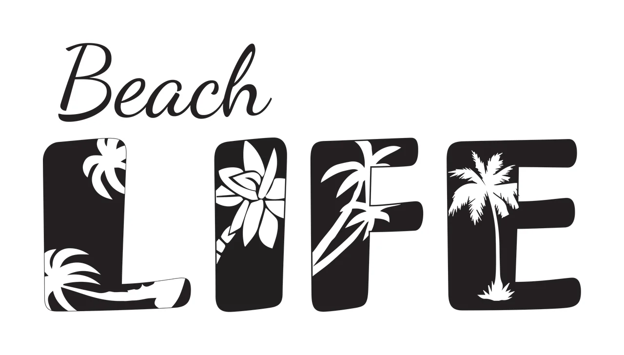 Beach LIFE Tropical-themed typography design with Beach text in cursive script, LIFE letters with cutout palm trees and flowers and Black background with white silhouettes