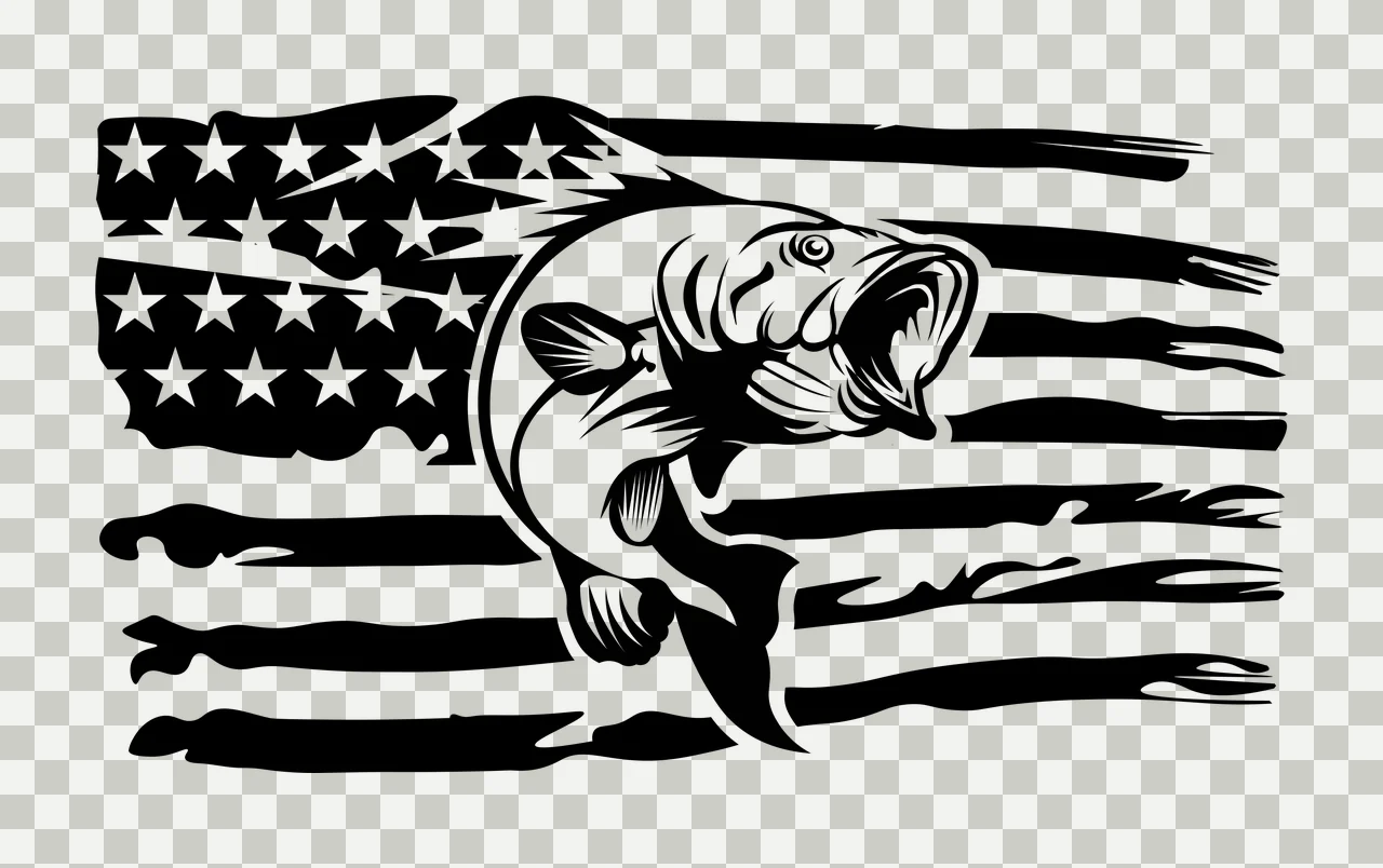 Fish Jumping Over American Flag Pattern black white stars stripes transparency and detail preview thumbnail