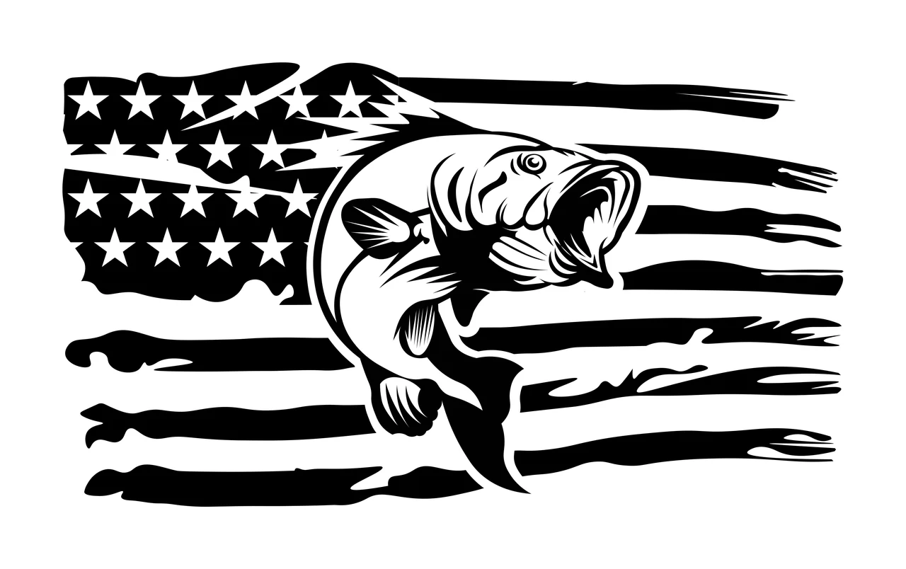 Fish Jumping Over American Flag Pattern black white stars stripes