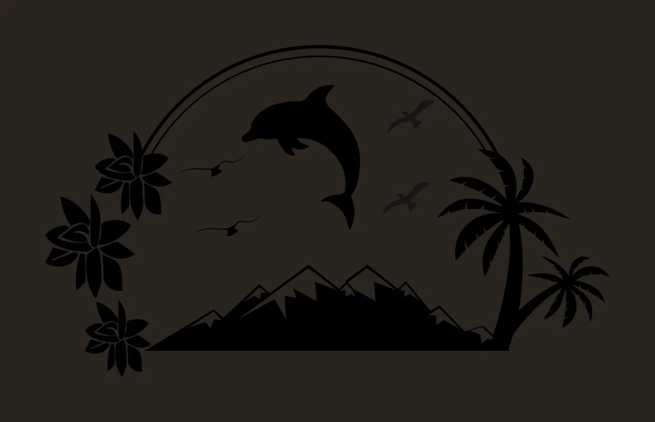 Palm Tree Dolphin Leaping Before Mountain Landscape Scene flower contrast preview thumbnail