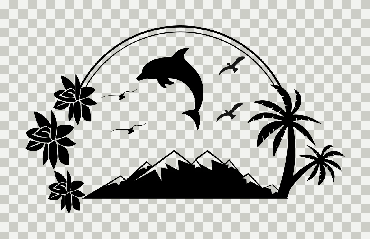Palm Tree Dolphin Leaping Before Mountain Landscape Scene flower transparency and detail preview thumbnail