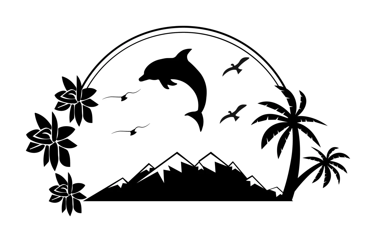 Palm Tree Dolphin Leaping Before Mountain Landscape Scene flower