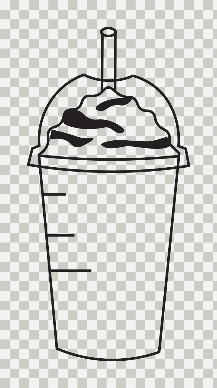 Line Art Illustration of Plastic cup with dome lid and straw with whipped cream and chocolate drizzle in black and white transparency and detail preview thumbnail