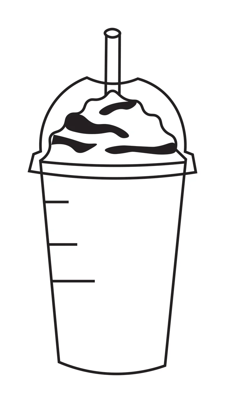 Line Art Illustration of Plastic cup with dome lid and straw with whipped cream and chocolate drizzle in black and white