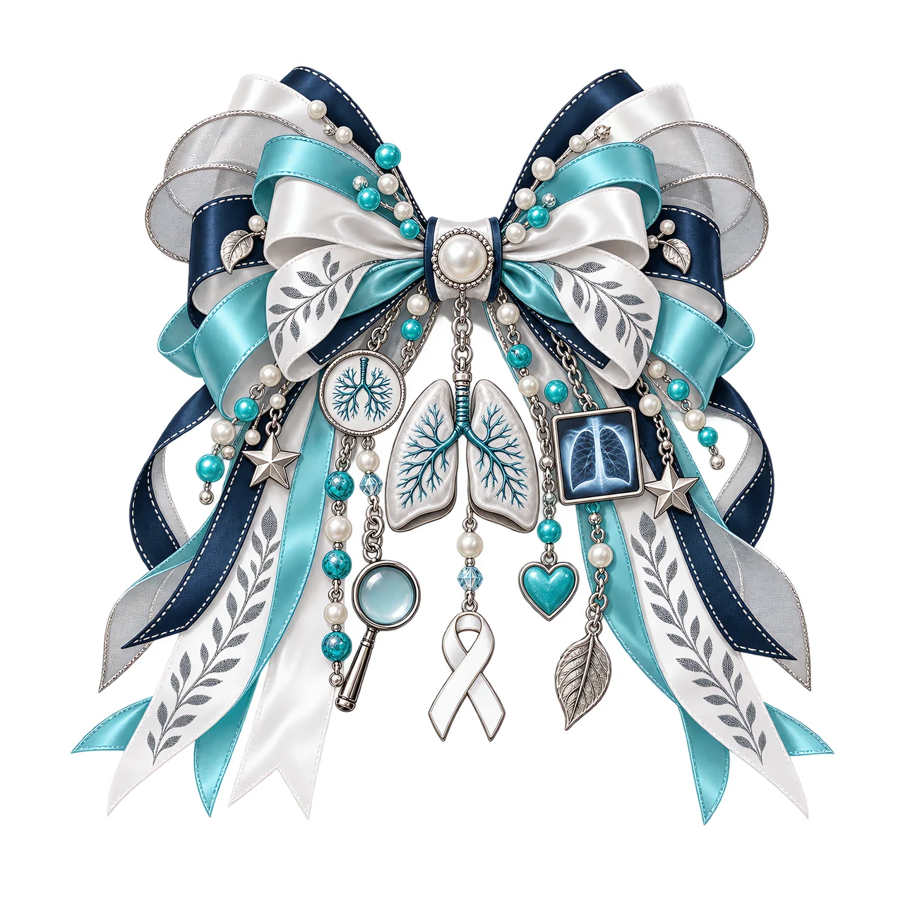 Lung Cancer Awareness PNG, White Ribbon and Lungs Coquette Bow, No Text Sublimation Clipart, Transparent Digital Download