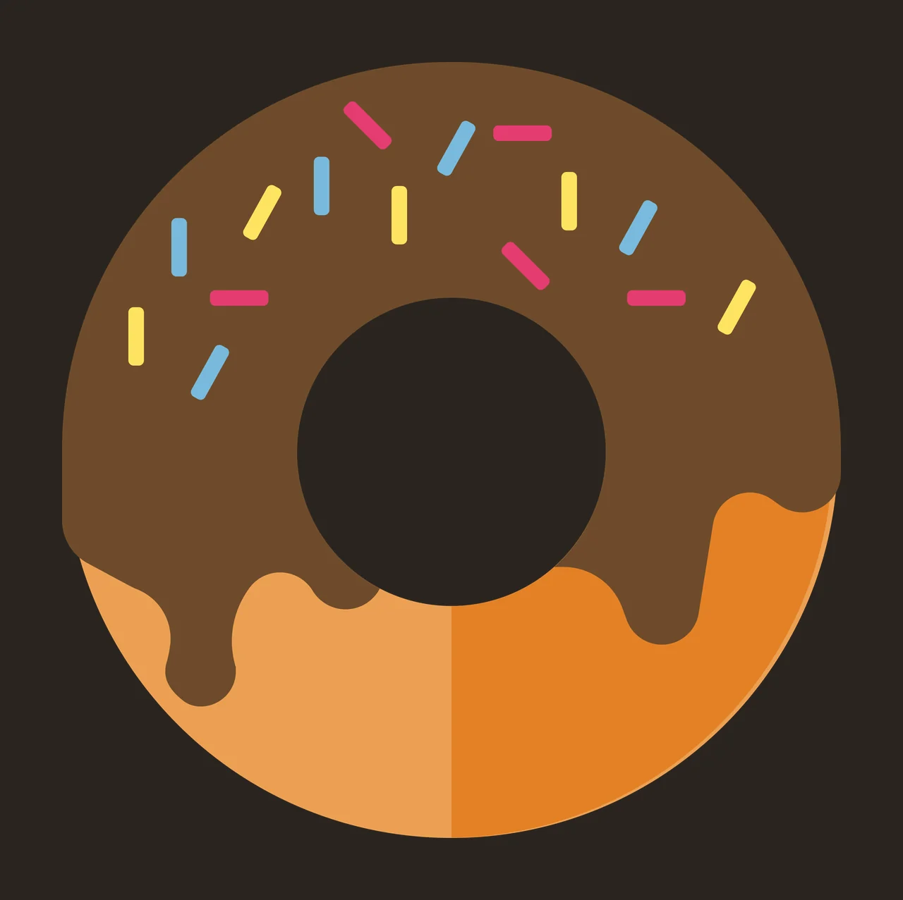 Chocolate glazed donut Illustration with chocolate glaze, colorful sprinkles, doughnut base and dripping icing in brown, orange and yellow contrast preview thumbnail