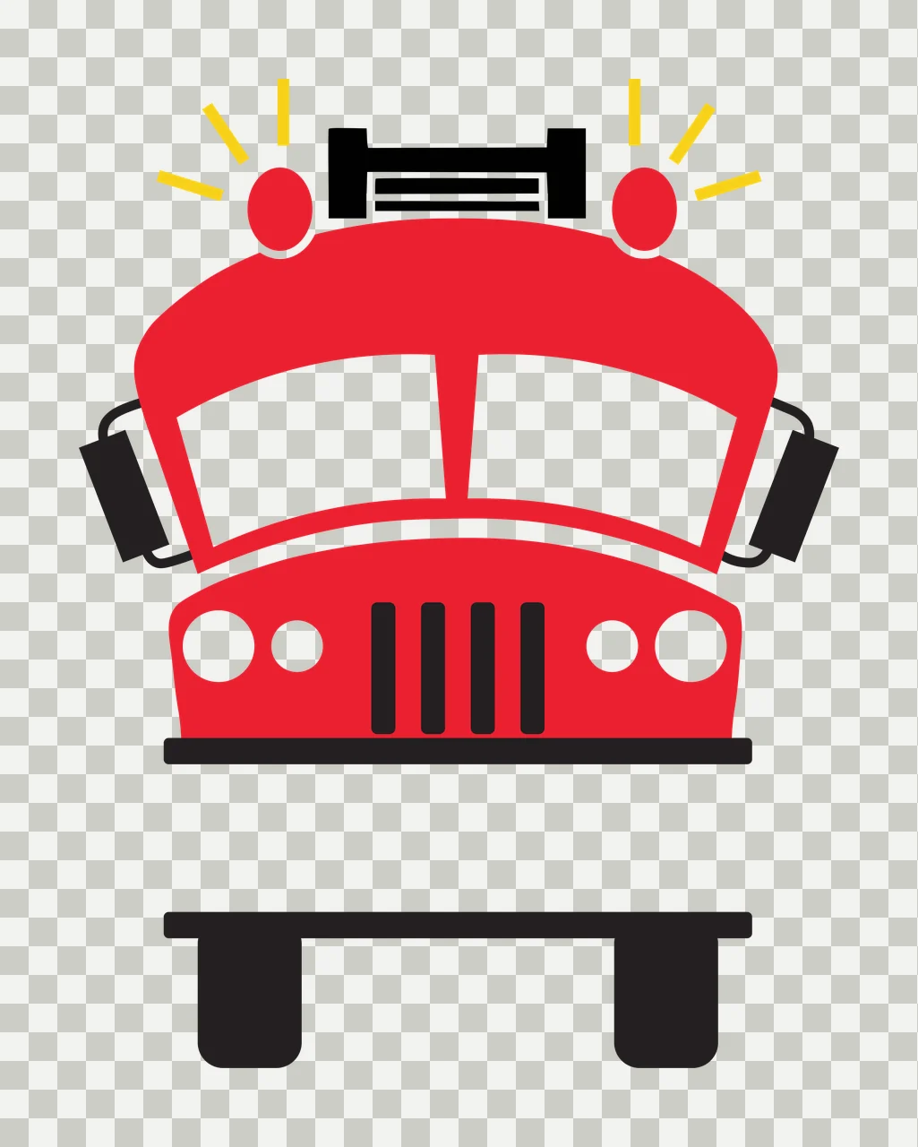 Fire truck Illustration with red vehicle body, flashing red lights, yellow light rays and windshield in black and white transparency and detail preview thumbnail