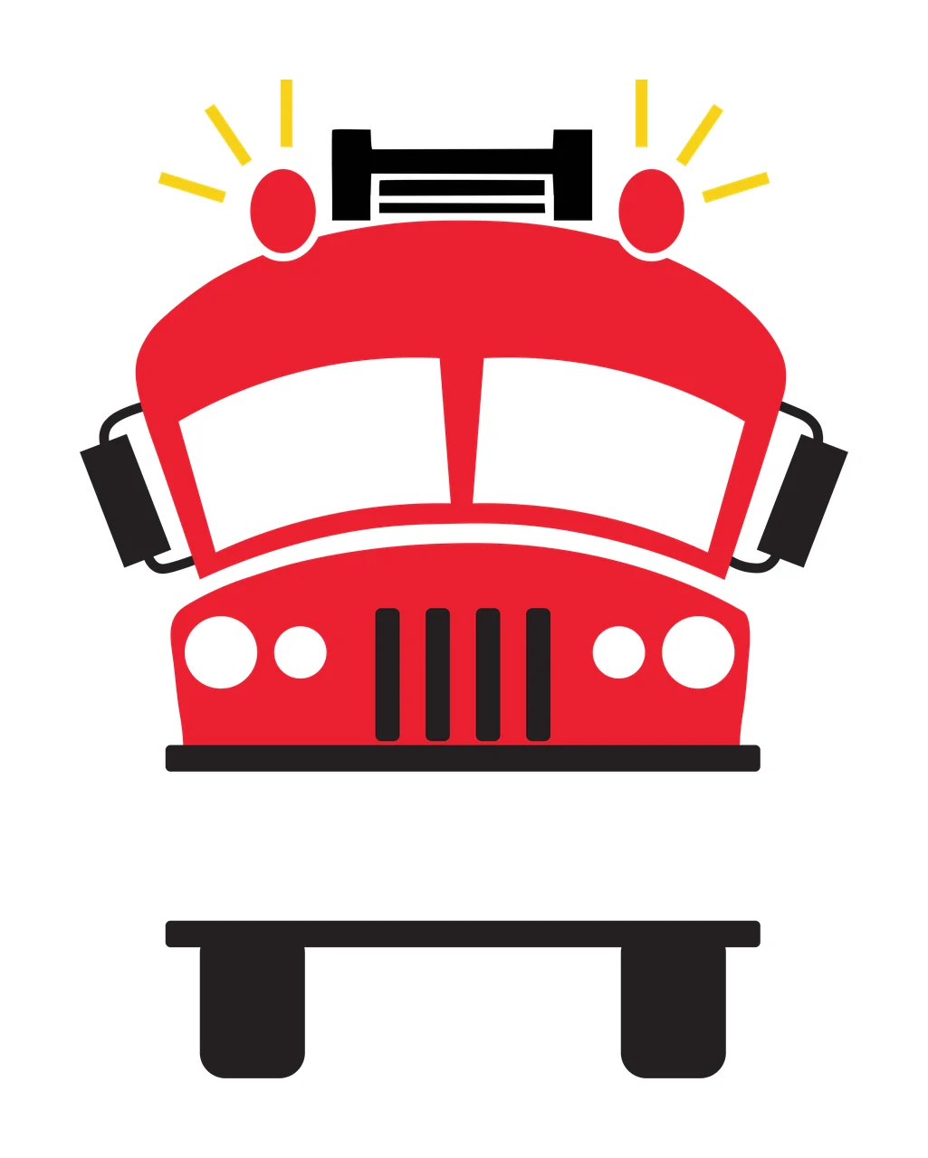 Fire truck Illustration with red vehicle body, flashing red lights, yellow light rays and windshield in black and white