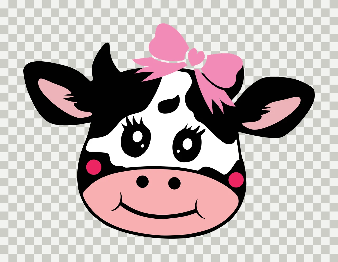 Cartoon Illustration of cow head with pink bow, cow ears, cow horns and pink snout in black and white transparency and detail preview thumbnail