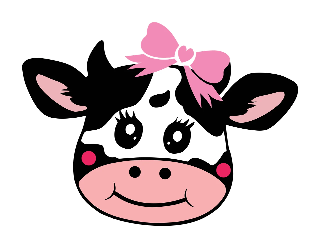 Cartoon Illustration of cow head with pink bow, cow ears, cow horns and pink snout in black and white