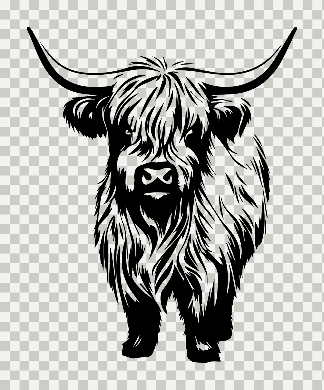 Highland Cow Black White Sketch standing horns fur and ink transparency and detail preview thumbnail