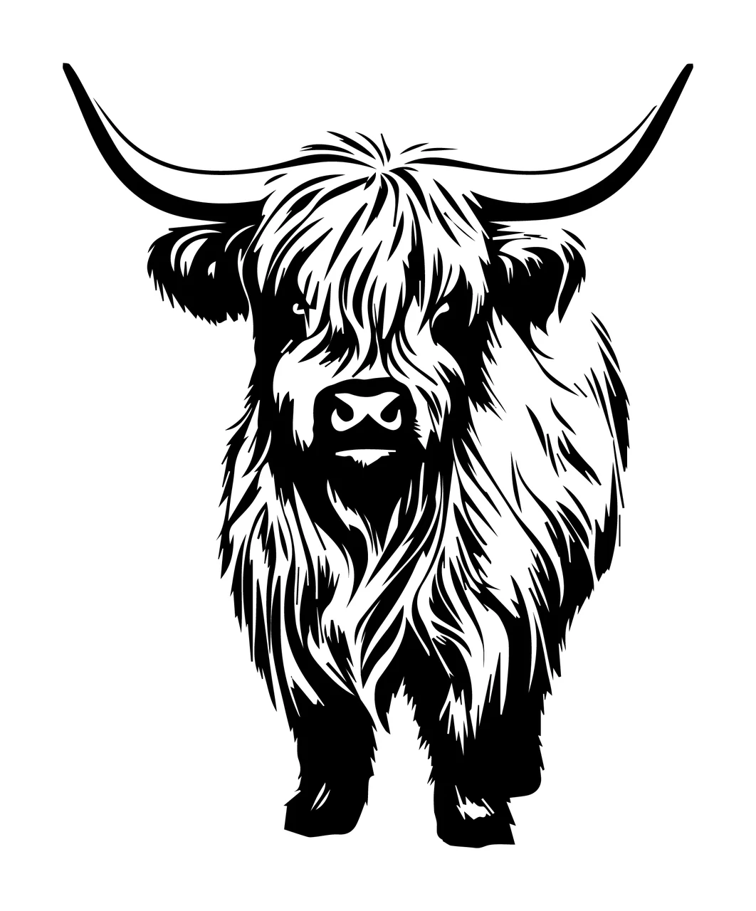 Highland Cow Black White Sketch standing horns fur and ink