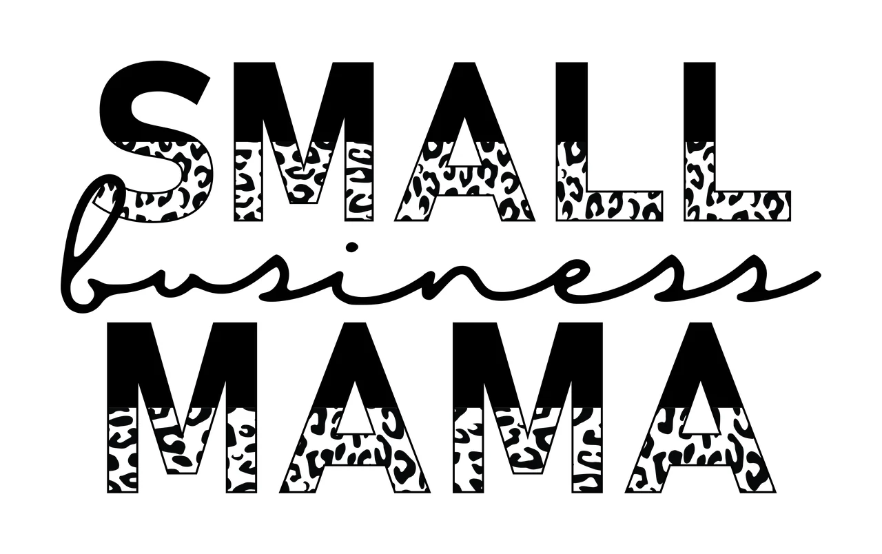 SMALL business MAMA Typography Design with black uppercase letters 'SMALL' and 'MAMA', cursive lowercase 'business', leopard print pattern filling the lower halves of 'S' 'M' 'A' 'L' 'L' 'M' 'A' 'M'