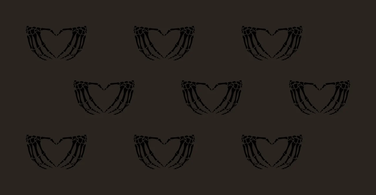 Line Art Illustration of Skeleton hand heart motifs with black skeleton hands forming hearts in white contrast preview thumbnail
