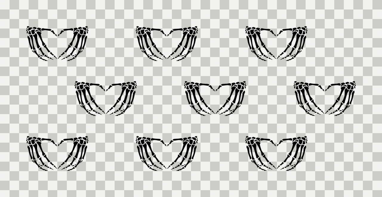 Line Art Illustration of Skeleton hand heart motifs with black skeleton hands forming hearts in white transparency and detail preview thumbnail