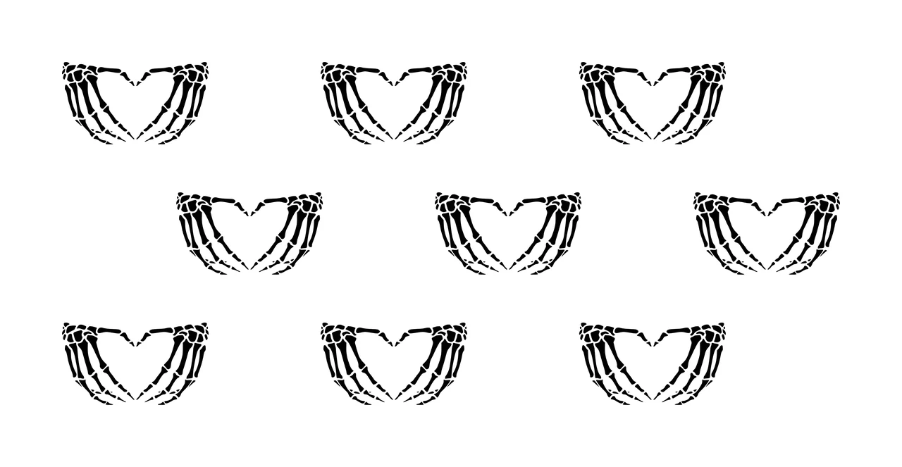 Line Art Illustration of Skeleton hand heart motifs with black skeleton hands forming hearts in white