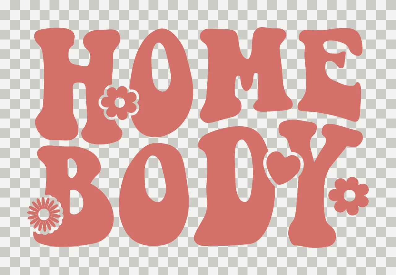 HOME BODY Typography Design with HOME BODY text, white flower on 'H', white heart on 'D' and white daisy with white center on 'B' in pink transparency and detail preview thumbnail