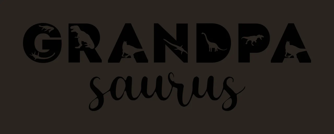 GRANDPA saurus dinosaur typography with GRANDPA block text, saurus script text, dinosaur silhouettes and prehistoric creature cutouts in black and white contrast preview thumbnail