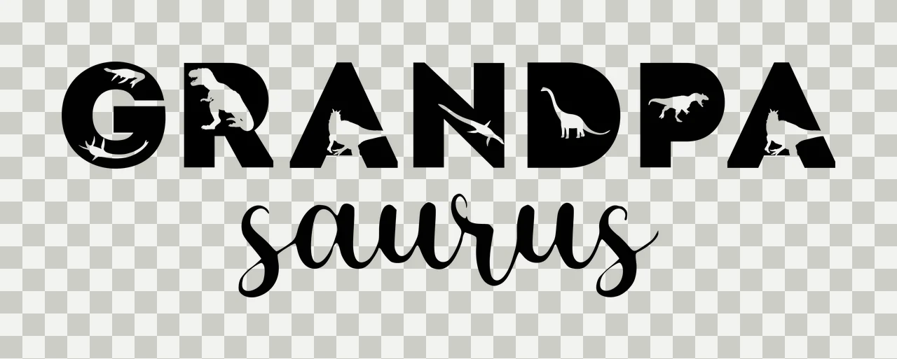 GRANDPA saurus dinosaur typography with GRANDPA block text, saurus script text, dinosaur silhouettes and prehistoric creature cutouts in black and white transparency and detail preview thumbnail