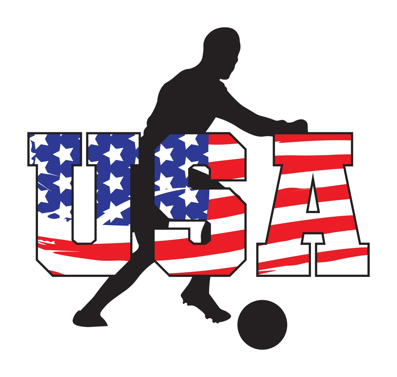 USA Typography Design with soccer player silhouette, soccer ball, USA block lettering and American flag pattern in red, white and blue