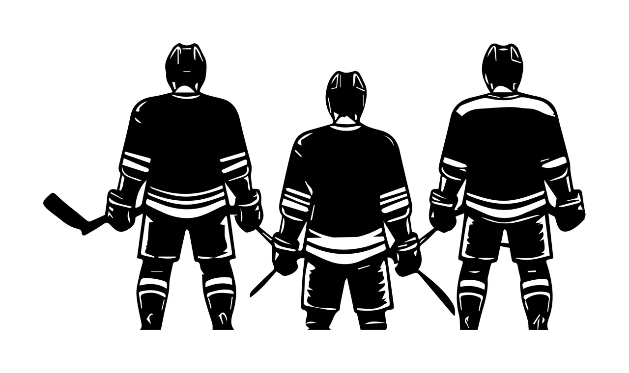 Hockey Three Players Holding Sticks jerseys helmets graphic silhouette