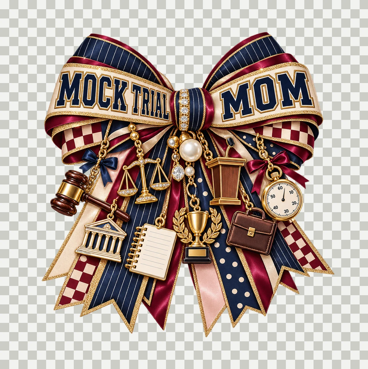Mock Trial Mom Bow Charm PNG, Patterned Varsity Mom Ribbon Clipart, Transparent Sublimation Digital Download transparency and detail preview thumbnail