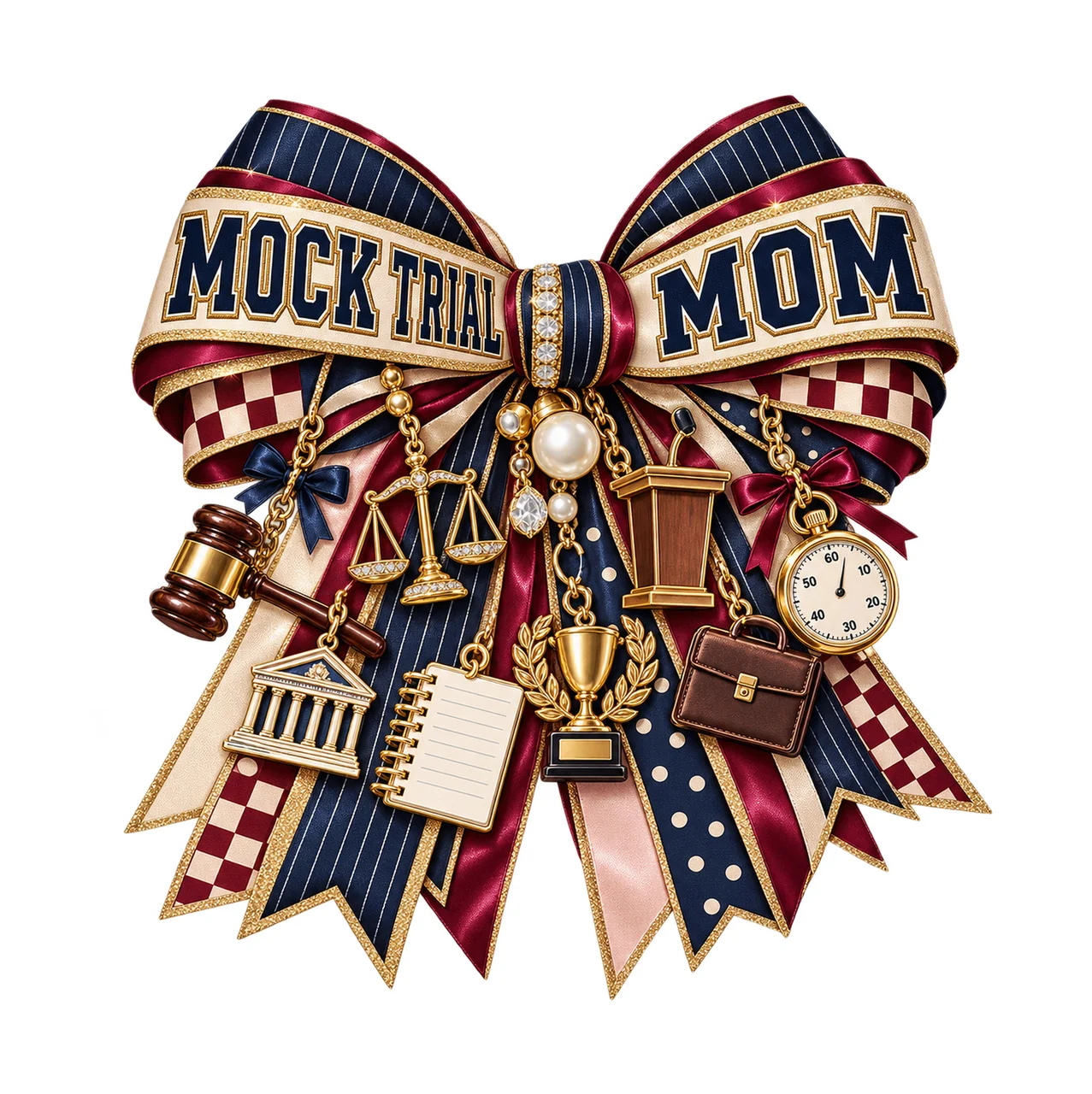Mock Trial Mom Bow Charm PNG, Patterned Varsity Mom Ribbon Clipart, Transparent Sublimation Digital Download