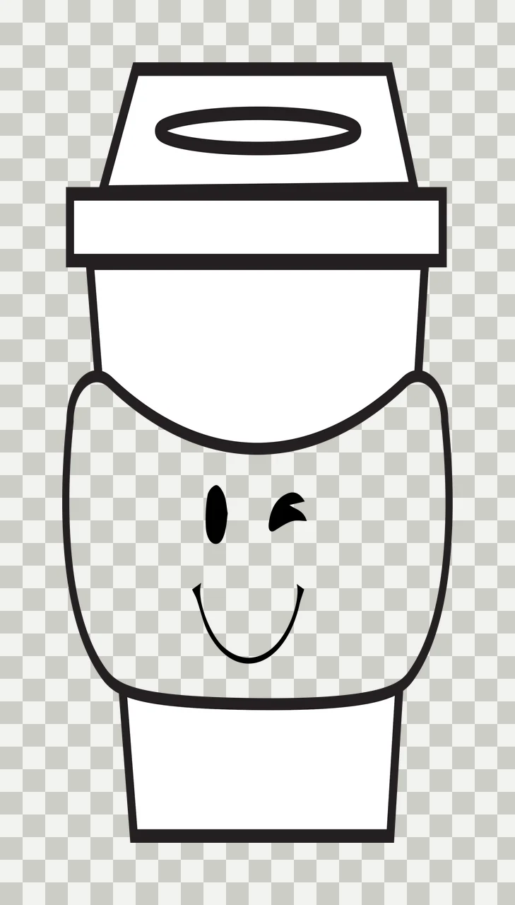 Cartoon Illustration of Winking coffee cup with smiley face with winking eye, smiling mouth, coffee cup body and lid with opening in black and white transparency and detail preview thumbnail
