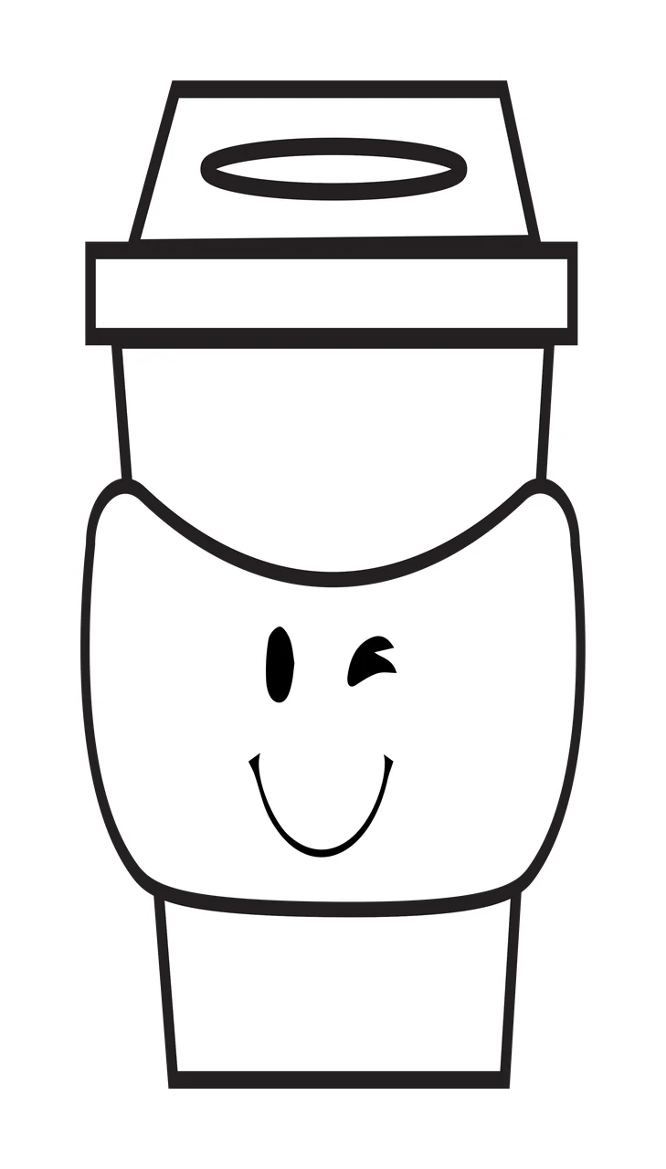 Cartoon Illustration of Winking coffee cup with smiley face with winking eye, smiling mouth, coffee cup body and lid with opening in black and white