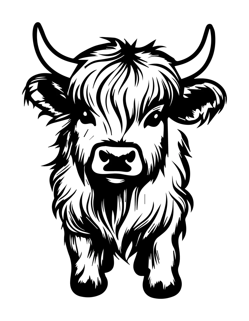 Cow Highland Portrait Line Drawing Cattle horns fur head black