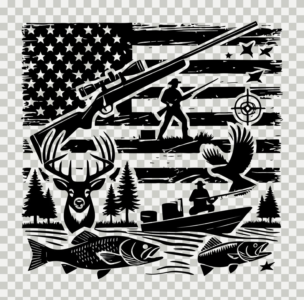 Hunting Scene American Flag Silhouette gear rifle deer bird transparency and detail preview thumbnail
