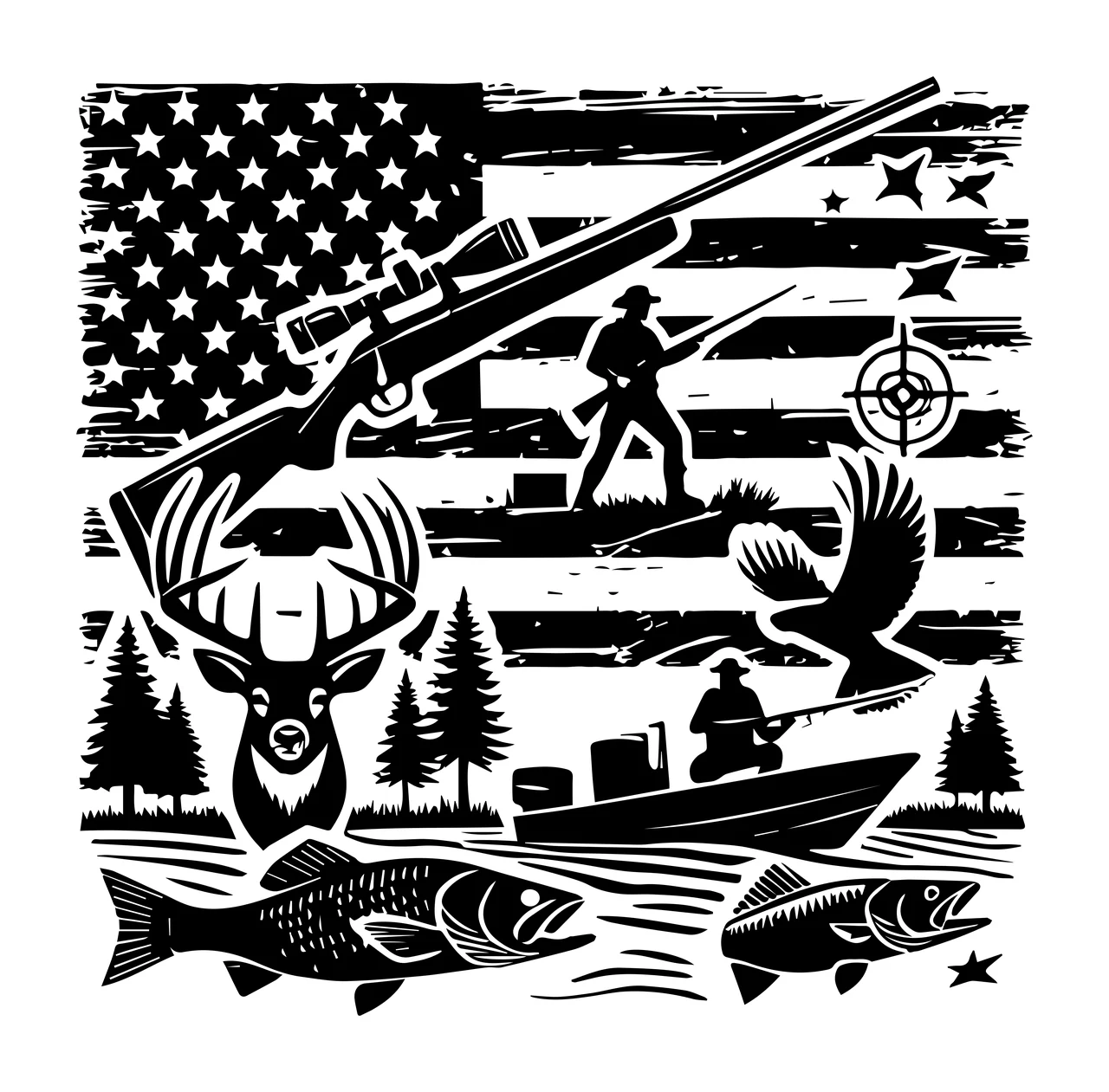 Hunting Scene American Flag Silhouette gear rifle deer bird