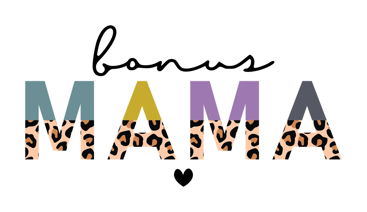 Bonus MAMA Typography Design with cursive script lettering, block letters, leopard print pattern and heart symbol in black, teal and mustard yellow