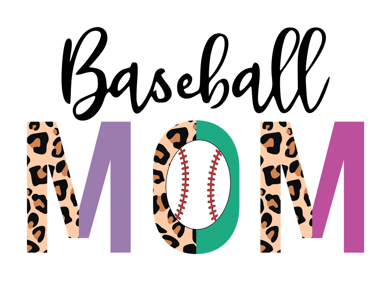 Baseball MOM Typography Design with leopard print on letters M and O green baseball-shaped O with red stitching purple letters M and M black cursive 'Baseball' in beige and brown