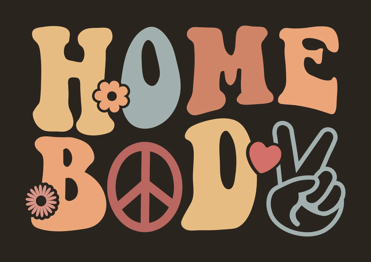 HOME BOD Typography Design with HOME BOD text, orange flower inside the 'O' of HOME, white-detailed orange flower near 'B' and red peace symbol inside 'O' of BOD in tan, gray and terracotta contrast preview thumbnail