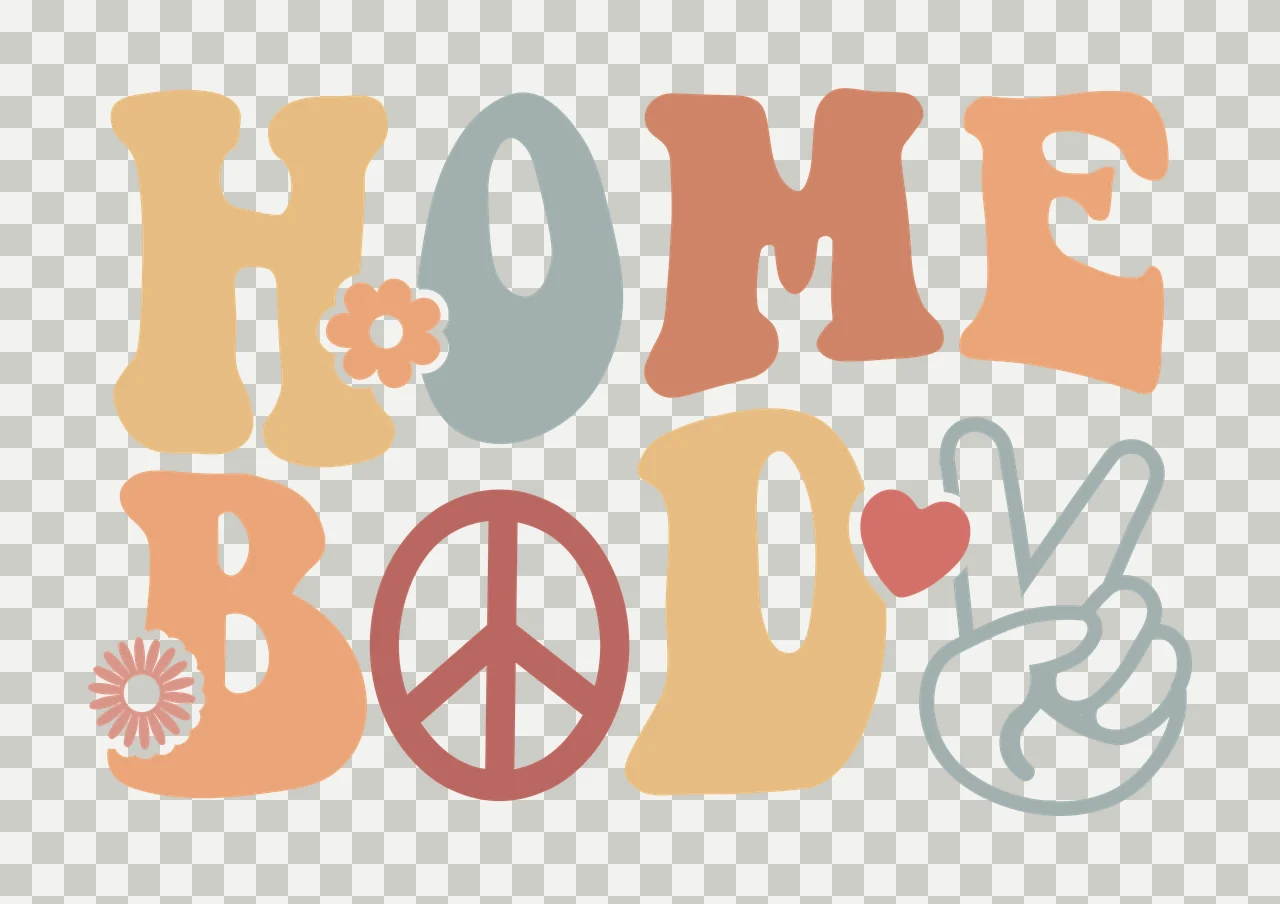 HOME BOD Typography Design with HOME BOD text, orange flower inside the 'O' of HOME, white-detailed orange flower near 'B' and red peace symbol inside 'O' of BOD in tan, gray and terracotta transparency and detail preview thumbnail