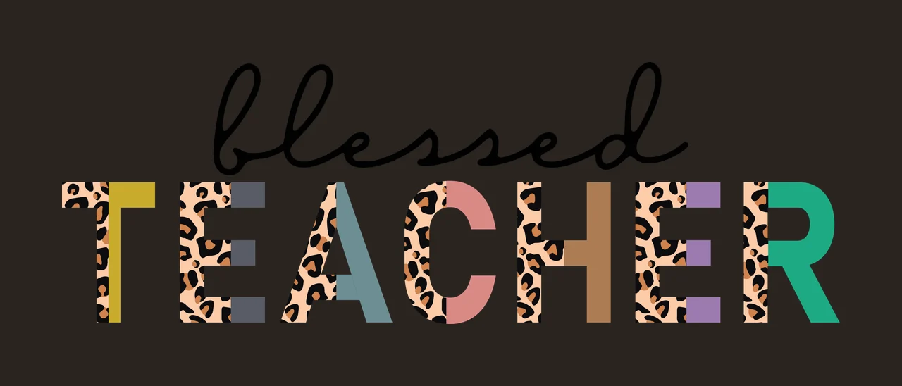 Blessed TEACHER Typography Design with word 'blessed' in black cursive script, word 'TEACHER' with letters in leopard print and solid color blocks, leopard print pattern on multiple letters and solid contrast preview thumbnail