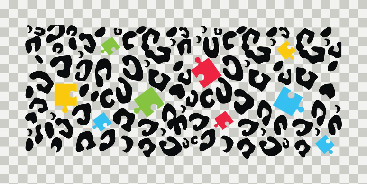 Leopard print pattern with autism awareness puzzle pieces Illustration with black leopard print, red puzzle piece, green puzzle piece and blue puzzle piece transparency and detail preview thumbnail