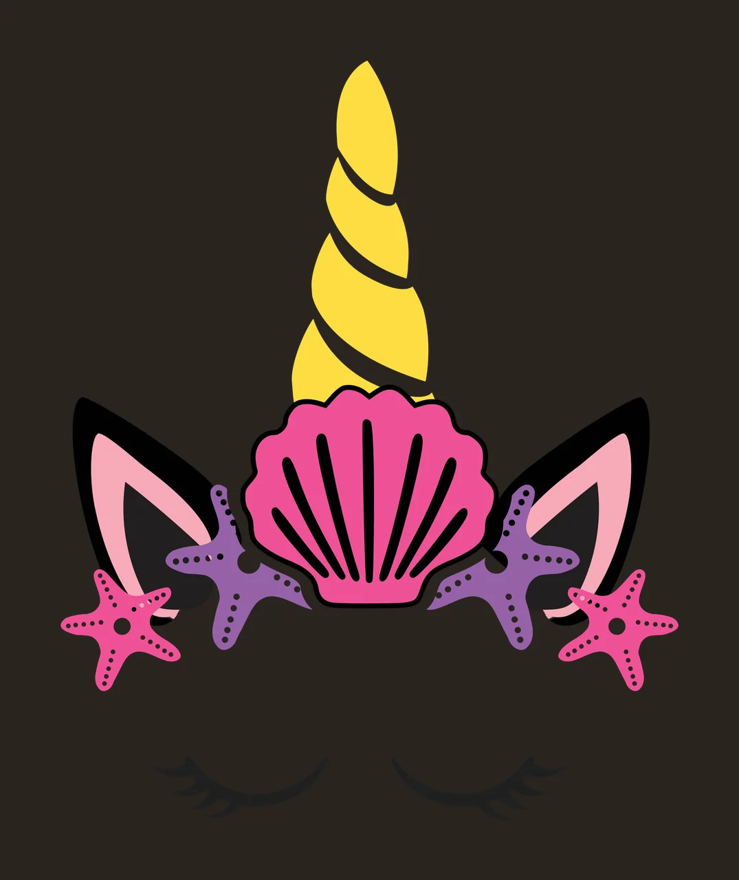 Unicorn head design with marine elements with yellow spiral horn, pink seashell, black unicorn ears with pink inner lining and two pink starfish in purple contrast preview thumbnail