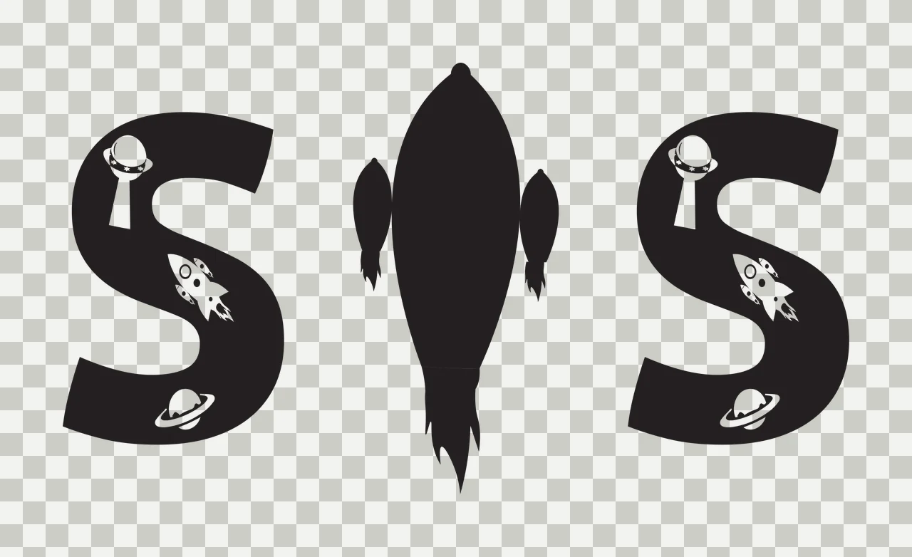 SIS SIS typography with letter S, rocket silhouette, flying saucer and planet with ring in black and white transparency and detail preview thumbnail